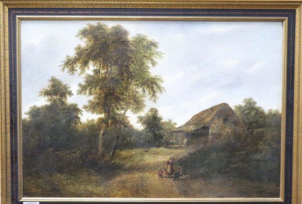 English School (19th century), oil on canvas, Figures with dogs outside a hovel, indistinctly signed, 44cm x 64.5cm